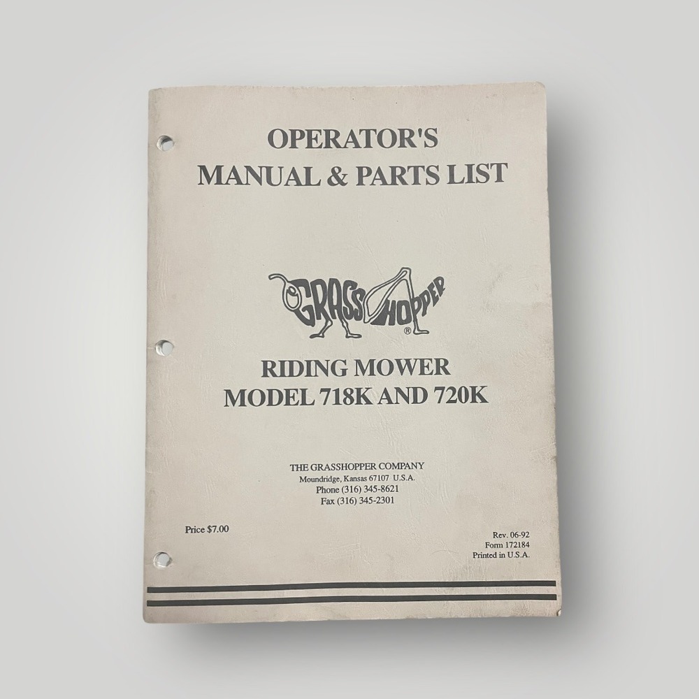 Grasshopper Vintage Riding Mower Manual Parts List 718K‎ 720K 1992 172184 USA